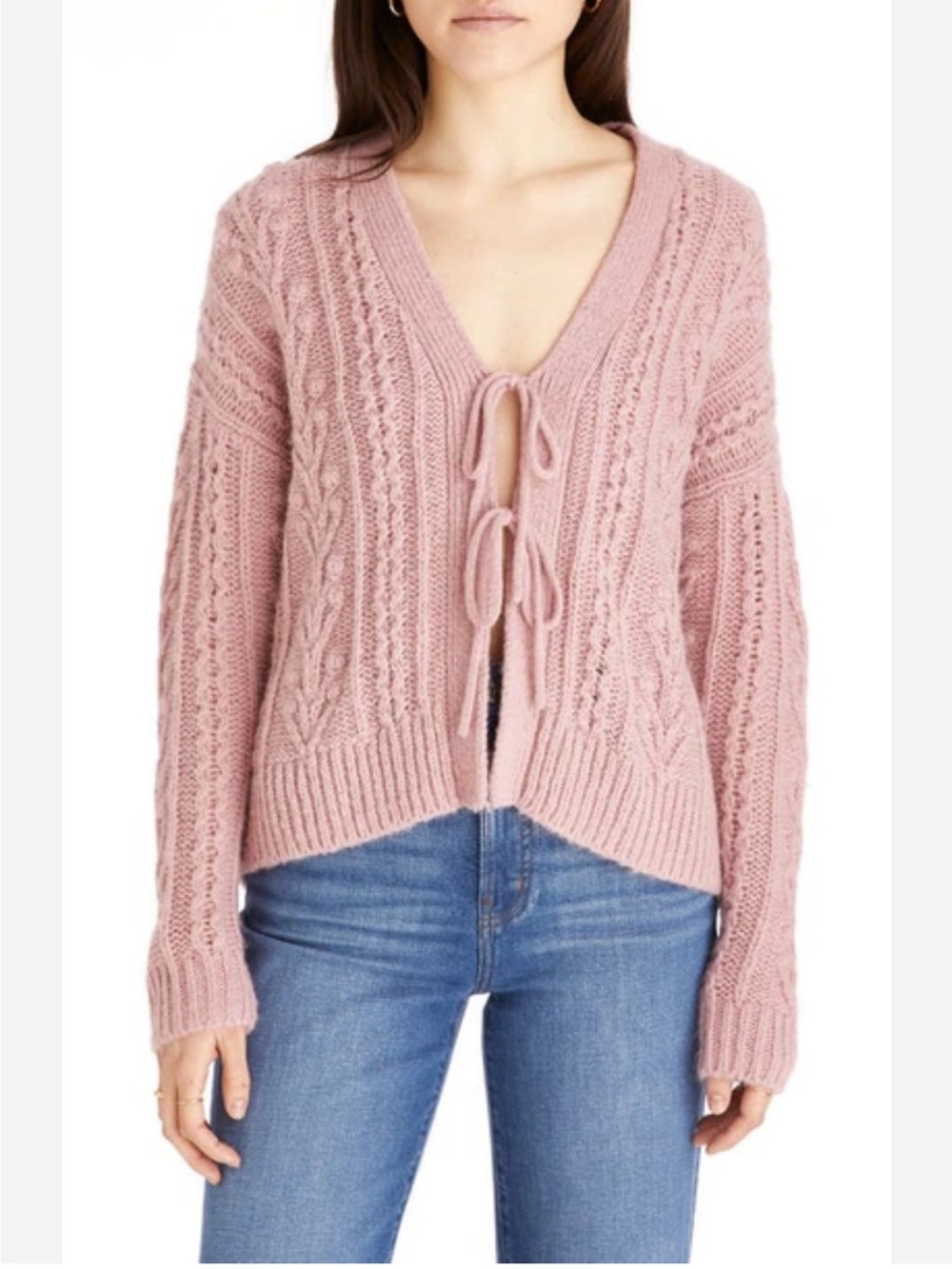 Madewell Cable Tie Front Cardigan Sweater in Heather Dusty